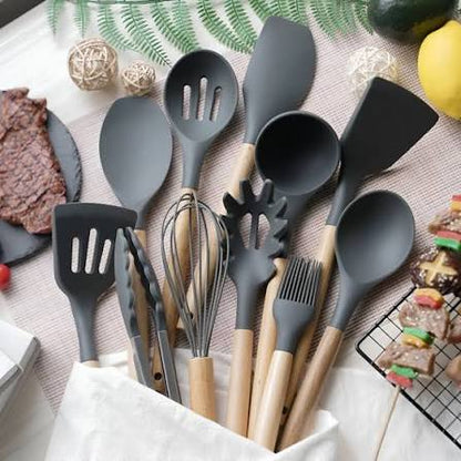 12 Pcs Kitchen Utensils Set | BPA Silicon & Wooden Kitchen Spoon Set
