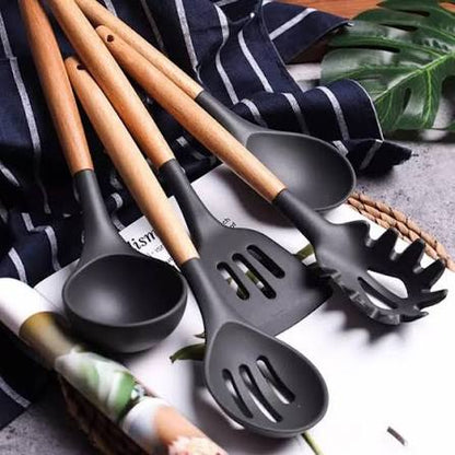 12 Pcs Kitchen Utensils Set | BPA Silicon & Wooden Kitchen Spoon Set