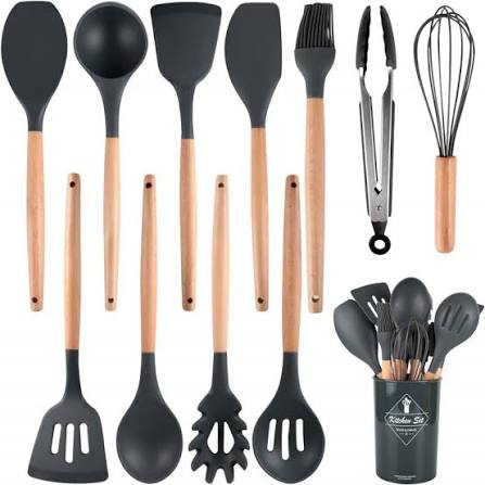 12 Pcs Kitchen Utensils Set | BPA Silicon & Wooden Kitchen Spoon Set