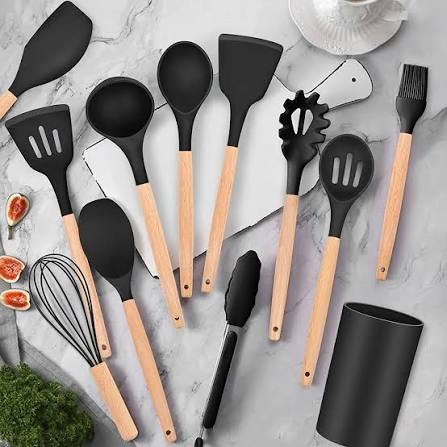 12 Pcs Kitchen Utensils Set | BPA Silicon & Wooden Kitchen Spoon Set